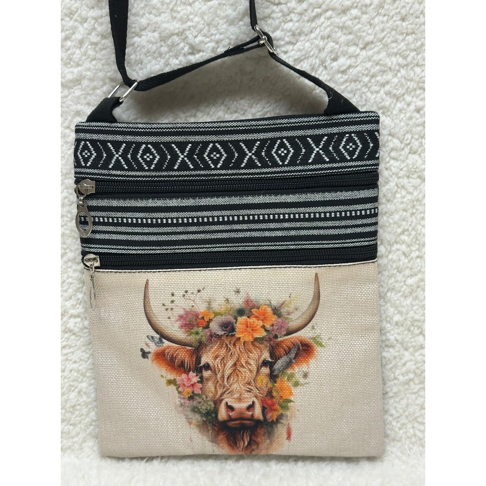 Crossbody Bag Highland Cow Floral Crown Canvas Black White Geometric